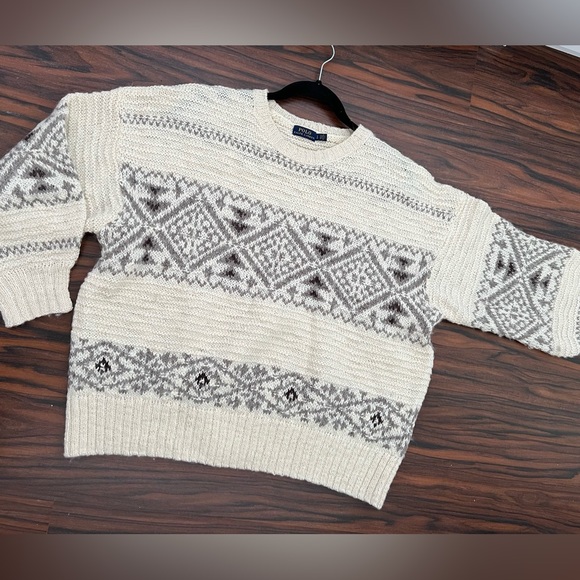 Polo Ralph Lauren Sweater Fair Isle Nordic Wool Alpaca Blend Ivory Black Mock - Picture 4 of 14